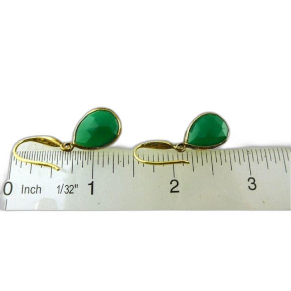 Pear Shaped Green Onyx & CZ 1.25" Sterling Silver Earrings from India - Picture 3 of 5